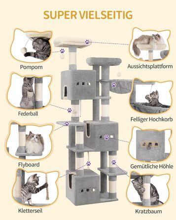 Великий котячий будиночок-кліматизатор, 193 см, XXL, 7 стовпчиків для дряпання, 3 будиночки, 2 платформи, 2 іграшкові кульки, кошик, мотузка для лазіння, багатоповерховий, сірий, MS19218LG