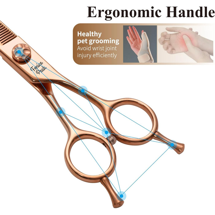 Професійна ножиця для грумінгу собак Fenice Peak, вигнута, 17.8 см, з надгострими лезами з 440C сталі, довговічна, плавне різання для собак та котів (рожеве золото)