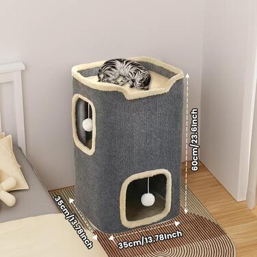 Двоповерховий будиночок для котів UBRAVOO - котяча печера для дому, іграшки-підвіски, прямокутний дизайн