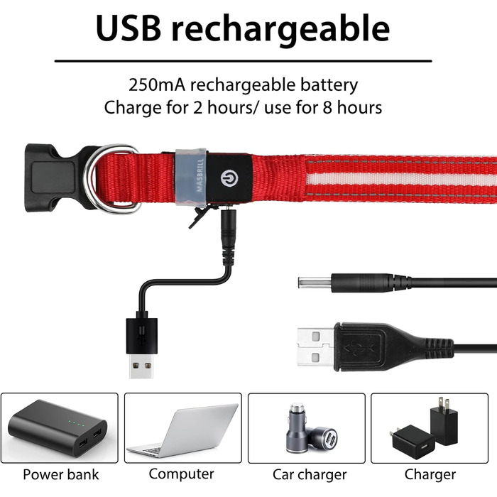 Світлодіодне нашийник для собак Masbrill, світловідбиваючий, водонепроникний, регульований, з 3 світлодіодами, для малих, середніх та великих собак, червоний, L
