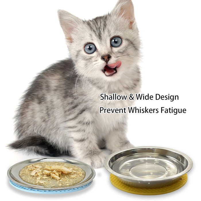 Миски для котів зі нержавіючої сталі - для полегшення вусів, втоми, годівниці для котів з нековзними килимками (2 шт, великі) 2 шт (миска + тарілка, 6 дюймів)