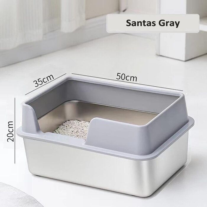 Кунву Лоток для котів з нержавіючої сталі, 50,8 x 35,6 x 20,3 см, з кришкою, легко чиститься, не вбирає запахи, напівзакритий лоток з міткою (Сірий Сантас, 50,8 x 35,6 x 20,3 см)