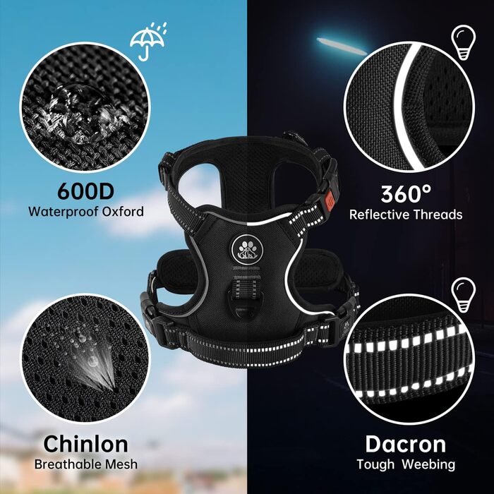 Нашийник для собак великих порід NESTROAD, поводок та ремінь безпеки для авто, чорний, розмір L (обхват шиї 38-48 см, обхват грудей 48-74 см)