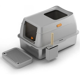 Лоток для котів BingoPaw з кришкою: нержавіюча сталь, XXL, великий лоток з двома фільтрами, високий борт, антивитік, сірий