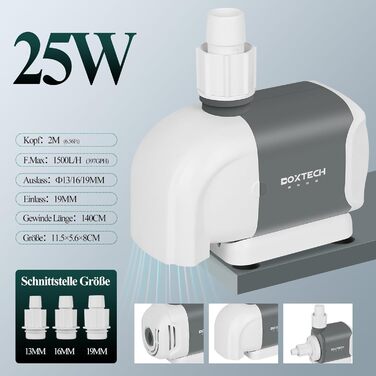 Boxtech Акваріумна занурювальна помпа 25W 1500 л/год, водяна помпа для акваріума з 3 насадками