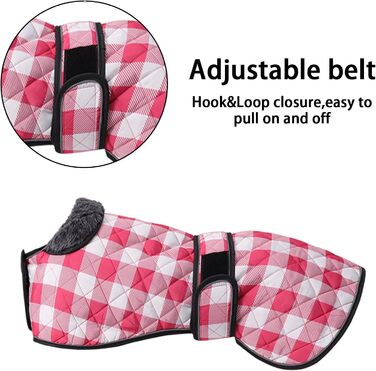 Водонепроникний собачий дощовик Geyecete для венгерських доберманів, віндхаундів та інших, з флісовою підкладкою, регульований, теплий, в клітинку рожевого кольору, розмір S (довжина спини 51-53 см) / L (довжина спини 61-64 см)