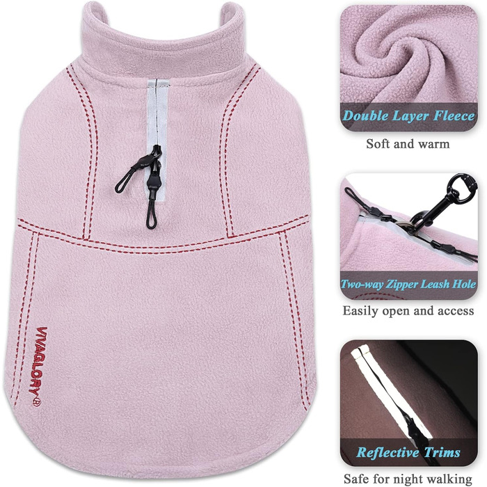 Теплий зимовий пуховик VIVAGLORY для собак, флісова куртка з захистом живота та клямками, світловідбиваючий, регульований, рожевий, S (обхват грудей 45-54 см, шиї ~30 см)