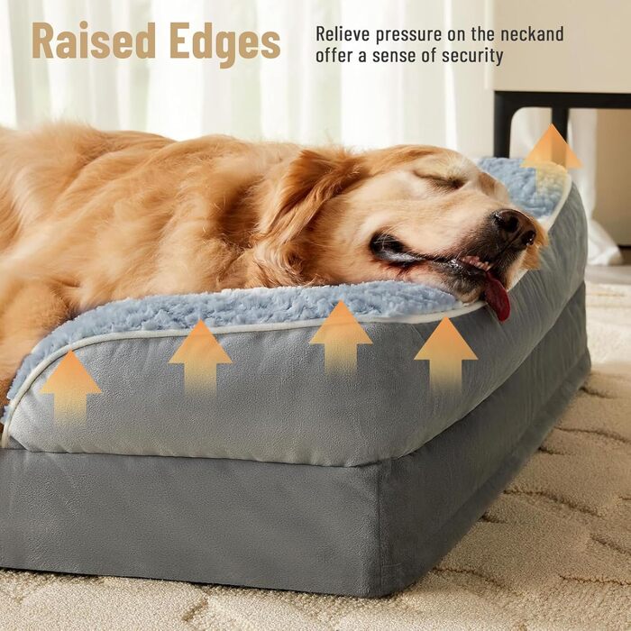 Ортопедичне ліжко для собак з піною-пам'яттю, знімний та пральний чохол, подушка-гніздо, неслизьке підложення та водовідштовхувальне покриття. Ліжко для собак з високим бортиком (XL 107*76 см)
