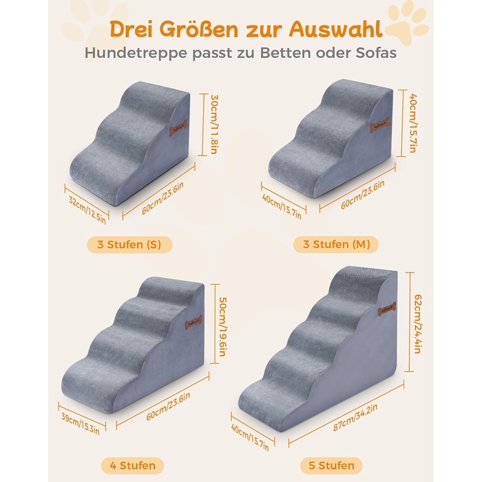 Сходинки для собак 5-ступінчасті, 60 см - для дивану та ліжка, з антиковзким покриттям. Ідеально для маленьких тварин та літніх котів з проблемами суглобів