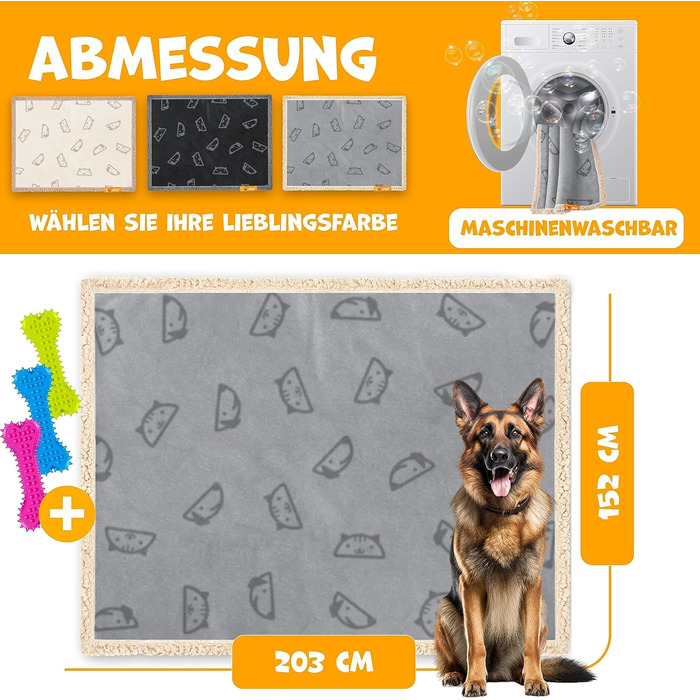Водонепроникний коврик для собак, флісова ковдра для домашніх тварин, ковдра для котів + 3 іграшки для жування, для середніх та великих собак, котів, 152 x 127 см, XL, ручне прання, двосторонній захист дивану (XXL (203 x 152 см), сірий)