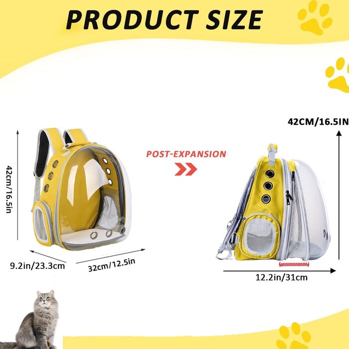 Розширюваний рюкзак для котів та собак, переноска-рюкзак з прозорим вікном та блискавкою, для подорожей та піших прогулянок (Жовтий)