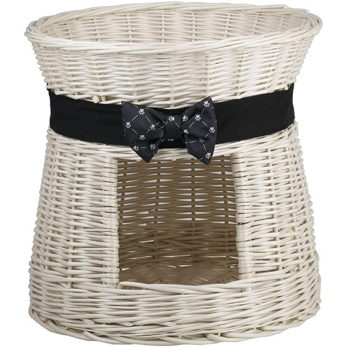 Кругла котяча хатинка e-wicker24 з плетеної лози, двоярусна, з подушкою та стрічкою, котячий оазис (кремовий/чорний)