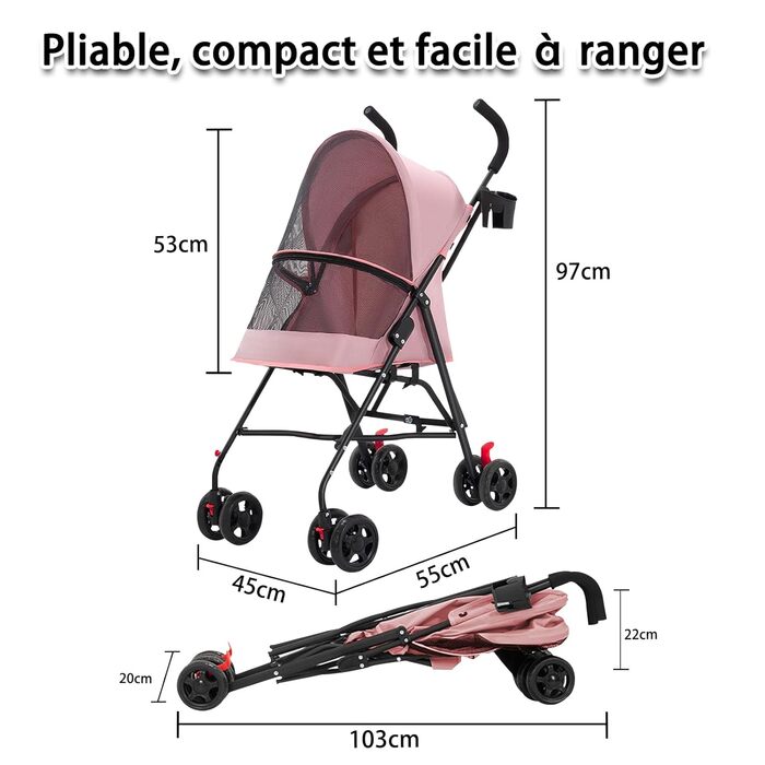 Дитяча коляска для тварин Homewell, складана, рожева, до 15 кг, з тримачем для напоїв та ременем безпеки