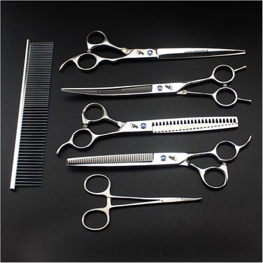 Набір професійних інструментів для грумінгу домашніх тварин RWRAPS 8 дюймів: ножиці, гребінець, прямі та зігнуті ножиці для собак, витончення кісток
