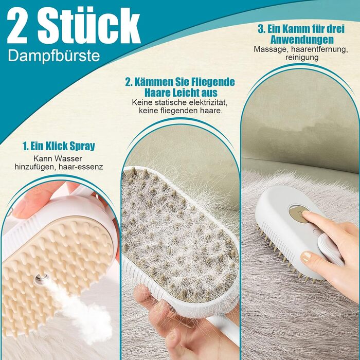 Парова щітка для котів та собак, 2 шт. з розпилювачем, для короткої та довгої шерсті, видалення шерсті, догляд (біла)