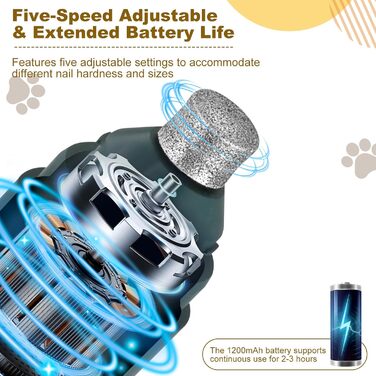 Електричний точилка для кігтів собак VINATO з LED-підсвіткою, 5 швидкостей, тиха та перезаряджувана. Підходить для собак маленьких, середніх та великих порід