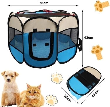 Клітка-забіг для собак та цуценят, розкладний вольєр для тварин, 73x73x43 см (Синій)