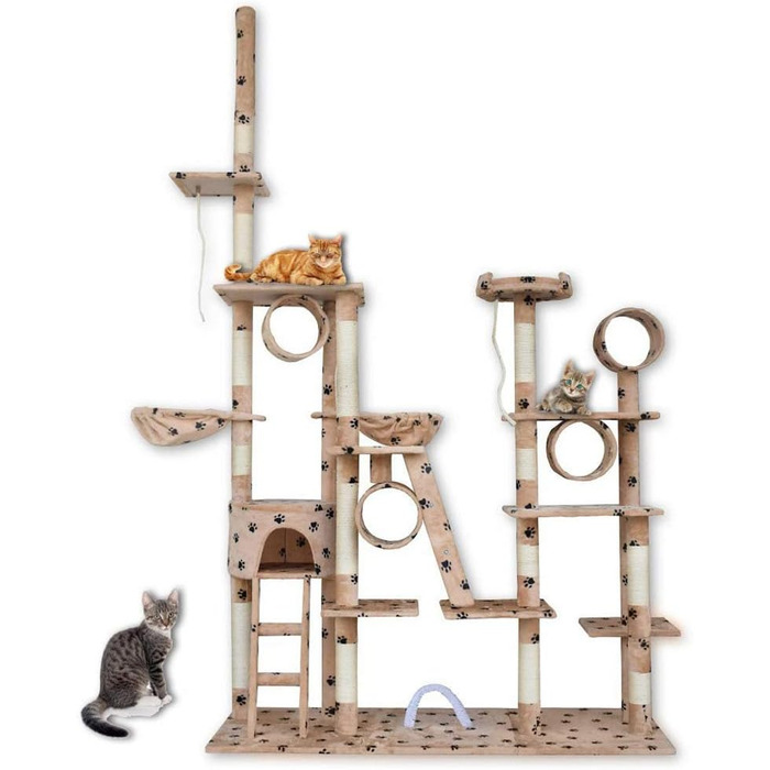 Кігтеточка BITUXX® для котів з будиночком та ігровим майданчиком, регульована висота 230-250 см (Бежевий / Лапка)