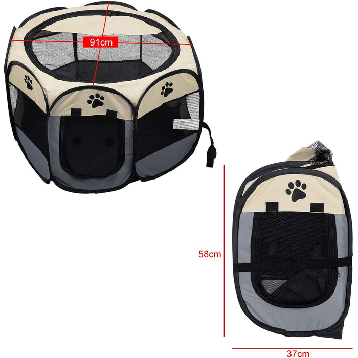 Переносний розкладний вольєр для тварин Coolty, 8-панельний, для собак, котів, кроликів та дрібних тварин, 91 x 91 x 58 см (Бежевий + Сірий)