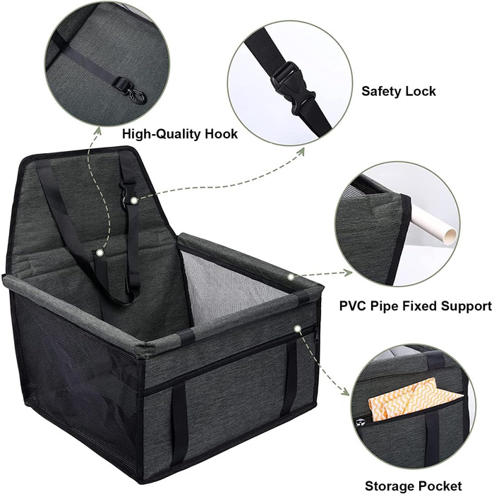 Автомобільний крісло для собак на переднє сидіння - чорний/сірий, з ременем безпеки, водонепроникний, складаний, для малих та середніх порід