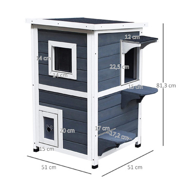 PawHut Cat House Grey 2 поверхи Котяча вілла зі сходами, асфальтовим дахом і вікном, ялинове дерево, 51x51x81.3см для любителів кішок