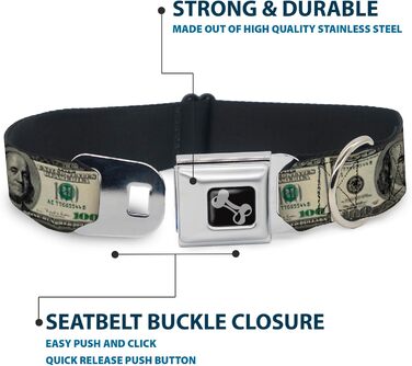 Нашийник для собак Buckle Down з принтом 100 доларів, кістка, великий, 38,1–66 см