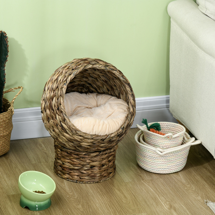PawHut Ротанг Кошик для кішок Cuddly Cat Cave з подушкою, ліжко для вихованця з водяного гіацинта темно-коричневий 42x33x52см для розслаблених котів