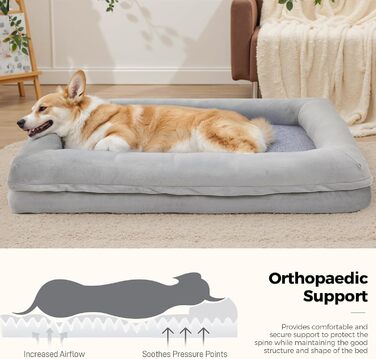 Велике лежанка для собак, водовідштовхувальна, ортопедична з memory foam, знімний чохол, неслизьке дно, для котів та собак, сіра, 76x58x14 см