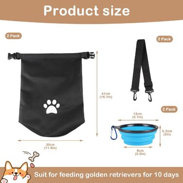 Сумка для подорожей з собакою, 2 шт., 4.98 кг, контейнер для корму з розкладними мисками, не протікає, для поїздок на авто, кемпінгу, екскурсій (Блакитний)