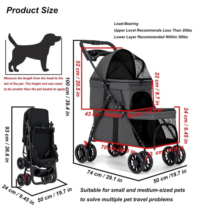 Подвійний візок для собак середніх та маленьких порід, котів, до 22,7 кг, універсальні колеса на 360°, легкий, складається в одну руку, для кошенят, цуценят, дитячий візочок для тварин (подвійний)