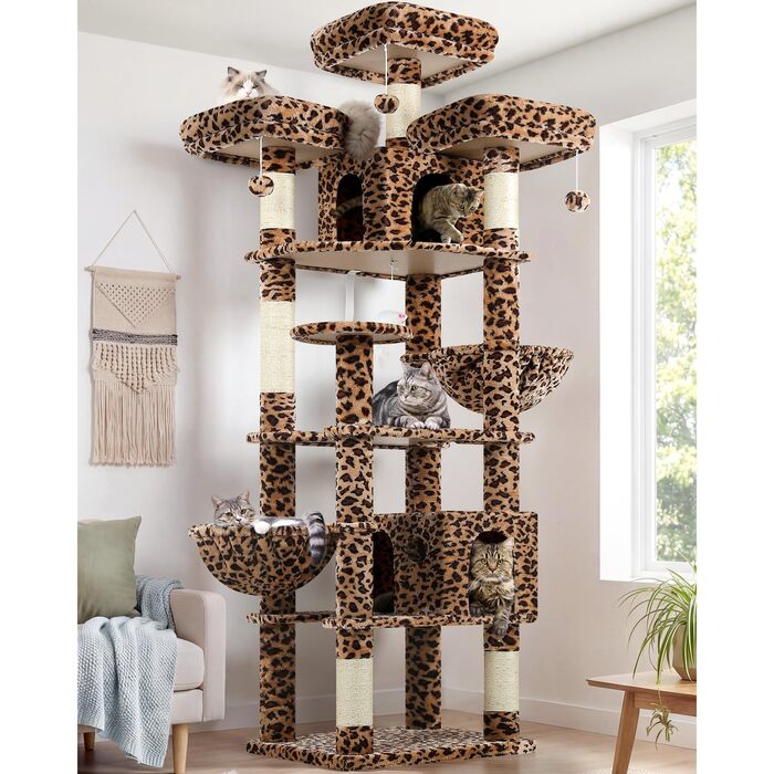 Драбина для котів Globlazer XXL, 209 см: 3 стійкі лежанки, 2 будиночки, 2 кошики, велика платформа, іграшки, стабільна для 3-5 котів. Leoparden