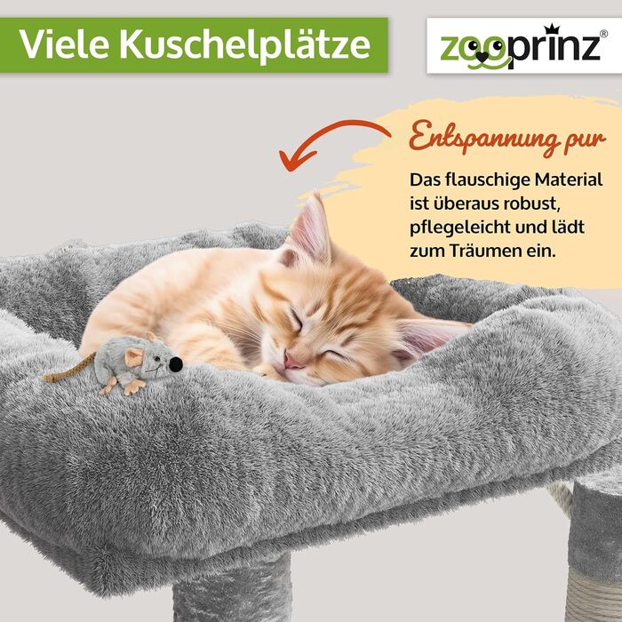 Преміум великий котячий дряпак XXL для малих і великих котів, широкий стовп з товстими сизалевими стовпчиками, будиночком, гамаком, м'ячиками, канатом та плюшевою мишею, світло-сірий