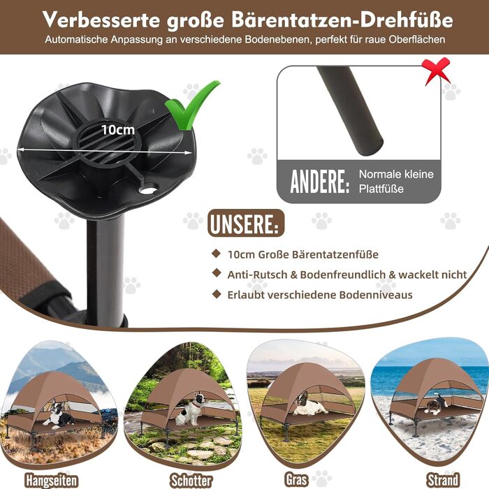 Лежанка для собак Snagle Paw з дахом, піднятий дизайн - стабільне ліжко для собак з антиковзними ніжками, широка тінь - водонепроникна для великих собак, для дому/на вулицю, кемпінг та сад, коричнева, 106 x 84 x 76 см