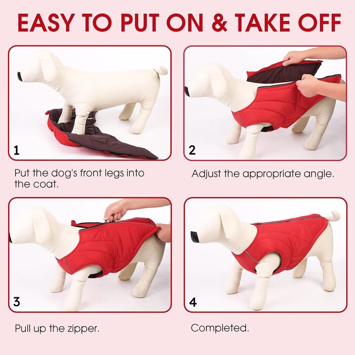 Водонепроникна куртка для собак - тепла зимова куртка з блискавкою для малих, середніх та великих собак. Червоний колір, розмір S