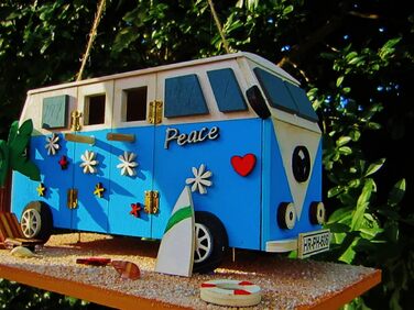 Декоративний дерев'яний шпаківня-будиночок для птахів Nistkasten Camper, ручна робота, підвісний, для синиць, горобців, яскравий дизайн, для саду, тераси, балкона, вольєра