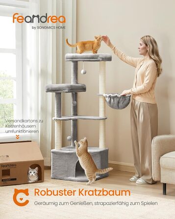 Дряпка для котів Feandrea, кігтеточка з лежаком, платформами та іграшками, 140.7 см, сірий PCT009G01