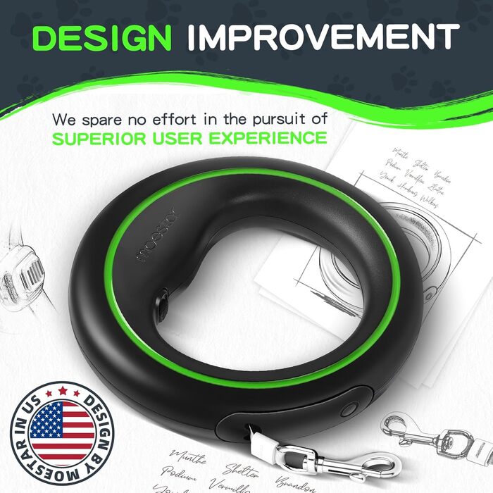 Moestar Висувна повід для собак з контейнером для відходів, рулетка, для маленьких та середніх собак (чорний/зелений)