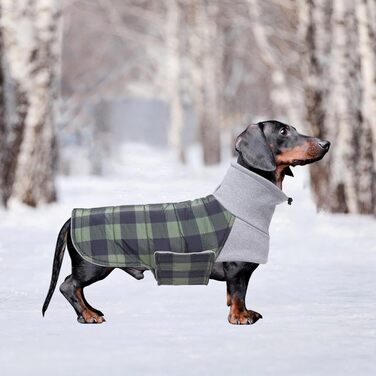 Зимовий теплий нашийник для собак Dachshund (Такса) від Geyecete, водонепроникний, з отвором для повідка, теплий пуловер для маленьких собак, червоно-зелений в клітинку (XS)