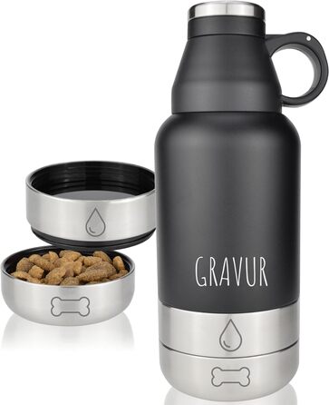 Водяна пляшка для собак Milu 950мл з мискою для їжі - ізольована фляга з нержавіючої сталі, чорна (+гравіювання)