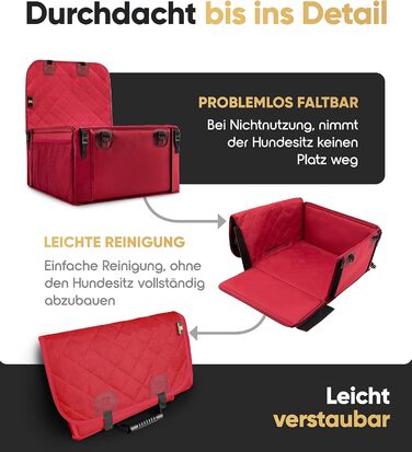 Автокрісло для собак HELDENWERK Extra Stabiler - надійне, водонепроникне, з 5 ременями, для заднього та переднього сидіння (Червоний, Стандартний розмір)
