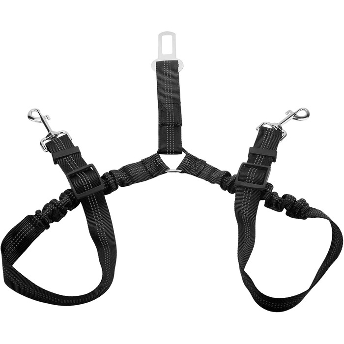 Ремінь безпеки для собак у машину, подвійний, еластичний, регульований з амортизатором та карабіном для маленьких та середніх собак (чорний)
