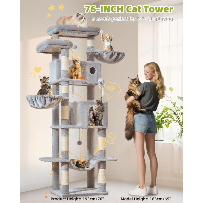 Кігтеточка для котів Taoqimiao 193 см, велика, XXL, з будиночками, гамаком, платформами та 8 стовпчиками для заточування кігтів, сірого кольору MS046W