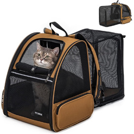 Рюкзак-переноска для кота та собаки, розширюваний, коричневий. Підходить для котів та собак вагою до 9 кг