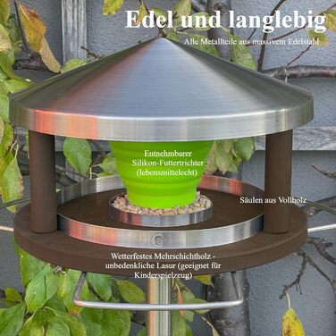 Пташник LicusDesign з підставкою: стійкий, з нержавіючої сталі, для вулиці. Сучасний годівничка для птахів з металу, коричнево-зелений воронка