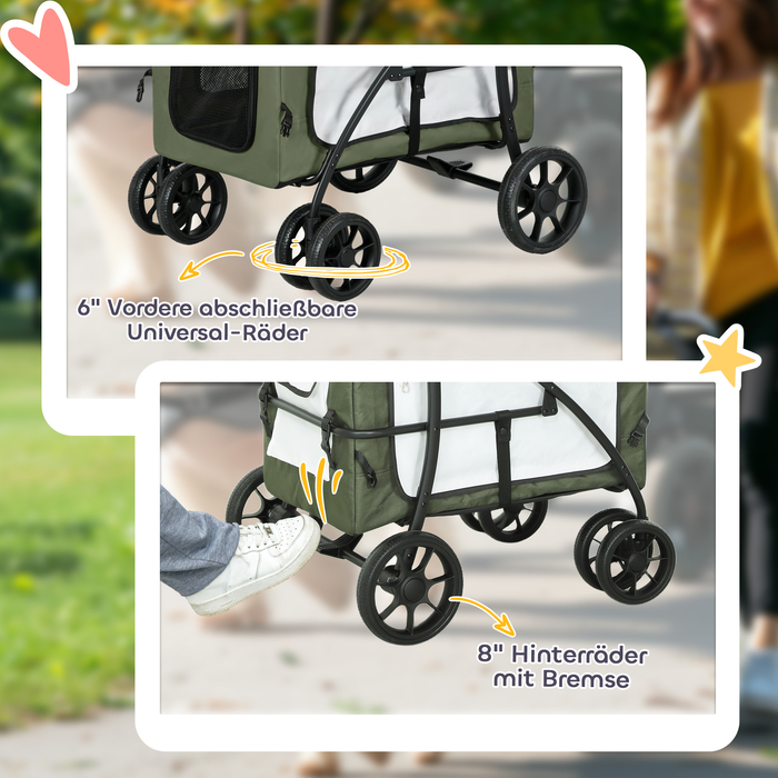 PawHut 2 в 1 Коляска для собак Dog Buggy Складна для собак і кішок до 10 кг Cat Buggy з подушками Сітка Вікна Двері Кошик для зберігання Котяча коляска Баггі Темно-зелений | Аосом