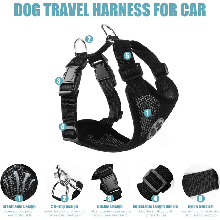 Нашийник для собак NiCola з кріпленням для автопасків, чорний. 2 шт., регульований, для подорожей та повсякденного використання (XS)