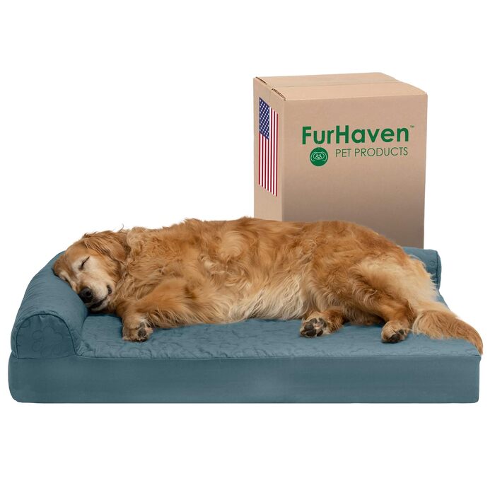 Охолоджуване ліжко для собак Furhaven з гелевим наповнювачем, великих порід, з знімними валиками для шиї та пральним покриттям, до 43 кг. Розмір L 102 x 81 x 20 см, колір Bluestone.