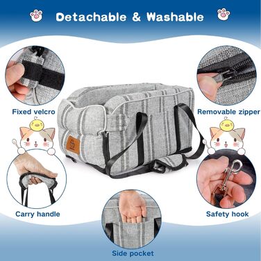 Автокрісло для собак до 5.4 кг | Універсальна консоль для авто | Знімне, миється | Безпечне автокрісло для тварин (Смугастий сірий, Один розмір)