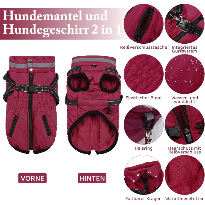 Зимовий теплий одяг для собак - тепла куртка, жилетка для собак, вітронепроникний одяг для холодної погоди, одяг для домашніх тварин для маленьких, середніх та великих собак L, темно-червоний