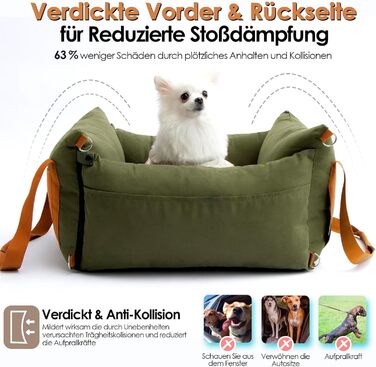 Автомобільний лежак для собак маленьких та середніх порід (до 15 кг), з висувною зоною відпочинку, знімний та пральний, з кишенями та ременем безпеки, зелений